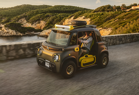 Citroen Ami Buggy front action right to left, coast road